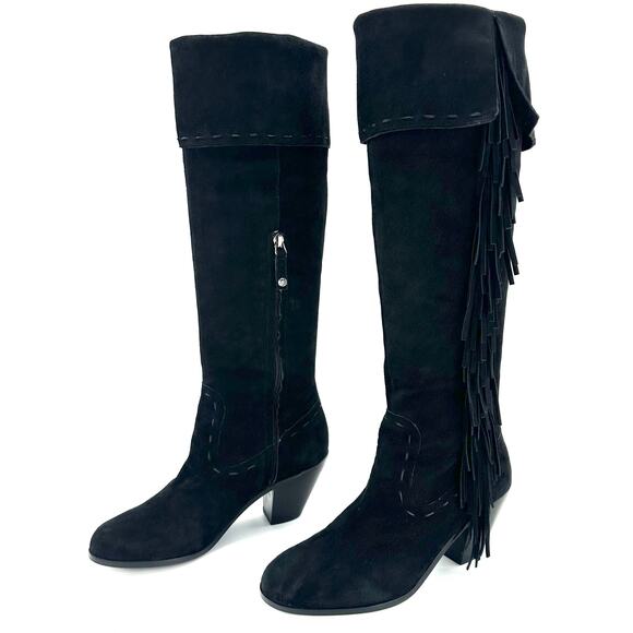 Sam Edelman Louella Black Over-The-Knee Boot Sz 8.5 Suede Fringes Fold-Over OTK - Picture 15 of 15
